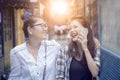 Close up face of two asian woman laughing with happiness emotion Royalty Free Stock Photo