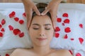 Close up face women in spa facial treatment. women luxury room relax and enjoyment emotional beauty therapy Royalty Free Stock Photo