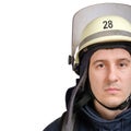 Close-up face of young brave man in uniform and hardhat of firefighter Royalty Free Stock Photo