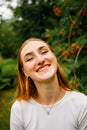 Close-up face of a young ginger ginger freckled woman with red hair and perfect healthy freckled skin Royalty Free Stock Photo