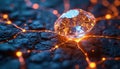 Close-up of faceted diamond, illuminated by glowing orange light algorithms. Gem sits on dark, textured surface, connected by Royalty Free Stock Photo