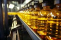 Close up of factory equipment Conveyor line filling bottles with sunflower and vegetable oil