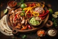 Close-up of a fajita feast with a variety of colorful toppings and condiments on a rustic wooden board