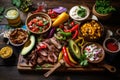 Close-up of a fajita feast with a variety of colorful toppings and condiments on a rustic wooden board