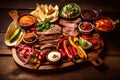 Close-up of a fajita feast with a variety of colorful toppings and condiments on a rustic wooden board Royalty Free Stock Photo