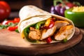 Close-up of a fajita wrap, bursting with grilled chicken, onions, and colorful peppers, on a wooden board with fresh salsa