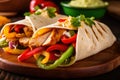 Close-up of a fajita wrap, bursting with grilled chicken, onions, and colorful peppers, on a wooden board with fresh salsa