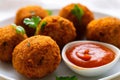 Close-up of falafel balls freshly fried and drizzled with a sweet and spicy harissa sauce on a white plate
