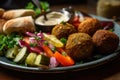 Close-up of falafel plate with assorted pickled vegetables, crispy falafel balls, and drizzled with tahini sauce