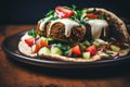 A close up of a falafel sandwich with tahini sauce, mediterranean food life style Authentic