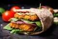 close-up of falafel sandwich with tomatoes
