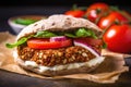 close-up of falafel sandwich with tomatoes