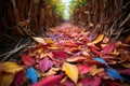 close-up of fallen, colorful leaves on a corn maze path Royalty Free Stock Photo