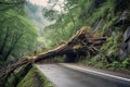 close-up of a fallen tree obstructing a mountain road