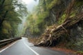 close-up of a fallen tree obstructing a mountain road