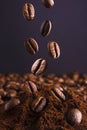 Close up of falling coffee beans Royalty Free Stock Photo