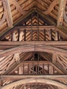 Close-up of a false hammerbeam roof in the Great Hall of Eltham Palace, England.