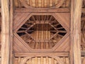 Close-up of a false hammerbeam roof in the Great Hall of Eltham Palace, England.