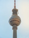 Close-up famous Berlin Television Tower, observation Tower, view from low angle during sunset, clear sky Royalty Free Stock Photo