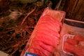 Close up of the famous Hokkaido King Crab and salmon sashimi Royalty Free Stock Photo
