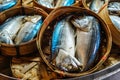 Close up The famouse Thai traditional Steamed mackerel fish in basket bamboo or wicker basket in thailand market