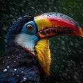 Toucan bird with colorful eyes and beak, in the rain