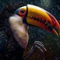 Toucan bird with colorful eyes and beak, in the rain