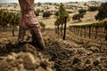 Farmer examining soil quality in a vineyard landscape Royalty Free Stock Photo