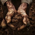 A close-up of a farmer\'s weathered hands holding dry soil, emphasizing the struggle for survival.