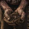 A close-up of a farmer\'s weathered hands holding dry soil, emphasizing the struggle for survival.