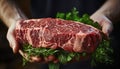 Close Up of Farmer's Hand Holding Big Raw Meat Steak. Generative ai