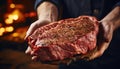 Close Up of Farmer's Hand Holding Big Raw Meat Steak. Generative ai