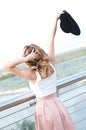 Close-up Fashion woman portrait of young pretty trendy girl posing at the city in Europe,spring fall street fashion,looking to the Royalty Free Stock Photo