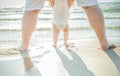 Close up of father and little baby feet on beach Royalty Free Stock Photo