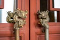 Close-up of faucet handrail on traditional Chinese wooden door