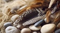 Close-up of feathers and stones Royalty Free Stock Photo