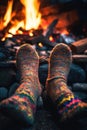 close-up of feet in fuzzy socks by a crackling campfire