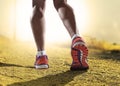 Close up feet with running shoes and female strong athletic legs of sport woman jogging in fitness training Royalty Free Stock Photo