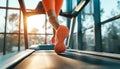 Close up of feet, sportswoman runner running sneaker sole on treadmill in fitness club. Cardio workout. Healthy lifestyle, female