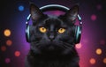 Close up of a Felidae with black hair, wearing headphones