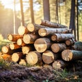 Close-up felled and sawn tree trunks stacked on the outskirts of the forest. Royalty Free Stock Photo