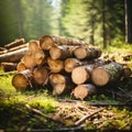 Close-up felled and sawn tree trunks stacked on the outskirts of the forest. Royalty Free Stock Photo