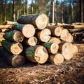 Close-up felled and sawn tree trunks stacked on the outskirts of the forest. Royalty Free Stock Photo