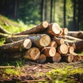 Close-up felled and sawn tree trunks stacked on the outskirts of the forest. Royalty Free Stock Photo