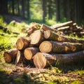 Close-up felled and sawn tree trunks stacked on the outskirts of the forest. Royalty Free Stock Photo