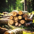 Close-up felled and sawn tree trunks stacked on the outskirts of the forest. Royalty Free Stock Photo