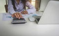 Close up of female accountant or banker making calculations. Savings, finances and economy concept Royalty Free Stock Photo