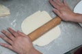 Close up of Female Baker Hands Kneading Dough and Making Bread with a Rolling Pin. Homemade Pie. Royalty Free Stock Photo