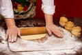 Close up of female baker hands kneading dough and making bread with rolling pin Royalty Free Stock Photo