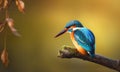 Close up of a female common kingfisher perched on a mossy tree branch